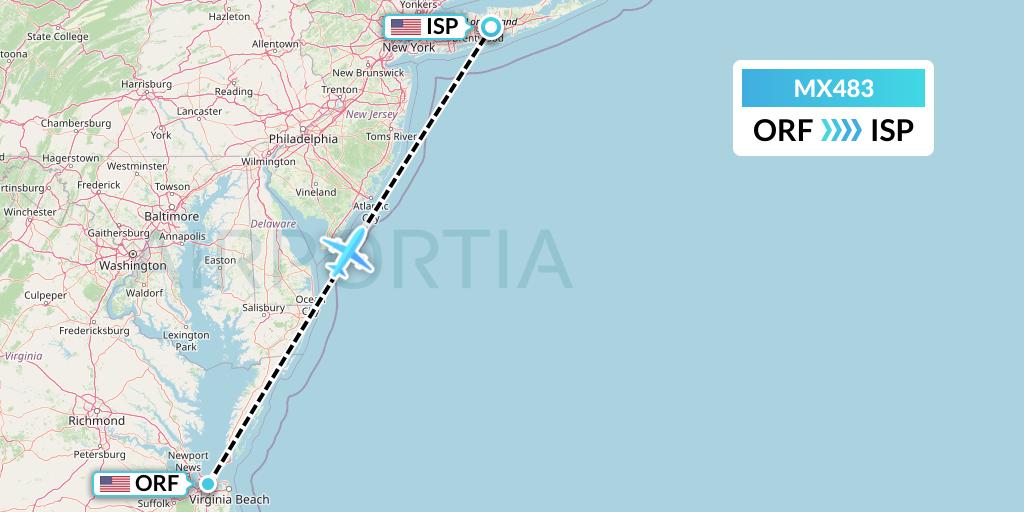 MX483 Breeze Airways Flight Map: Norfolk to Islip