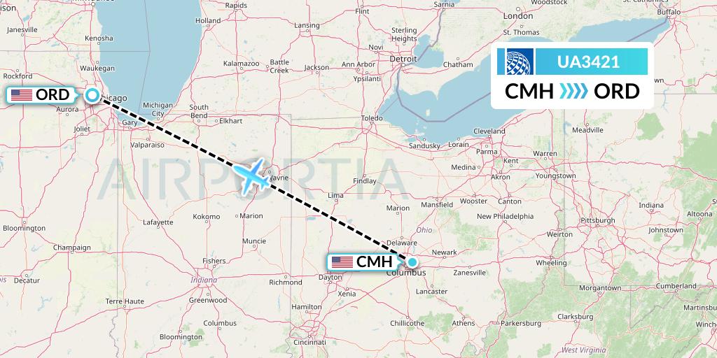 UA3421 United Airlines Flight Map: Columbus to Chicago