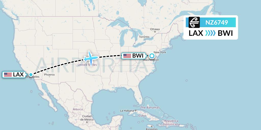 NZ6749 Air New Zealand Flight Map: Los Angeles to Baltimore
