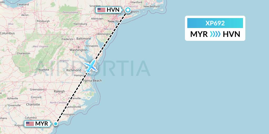 XP692 Avelo Airlines Flight Map: Myrtle Beach to New Haven