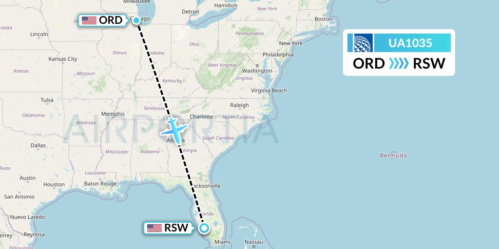 UA1035 United Airlines Flight Map: Chicago to Fort Myers