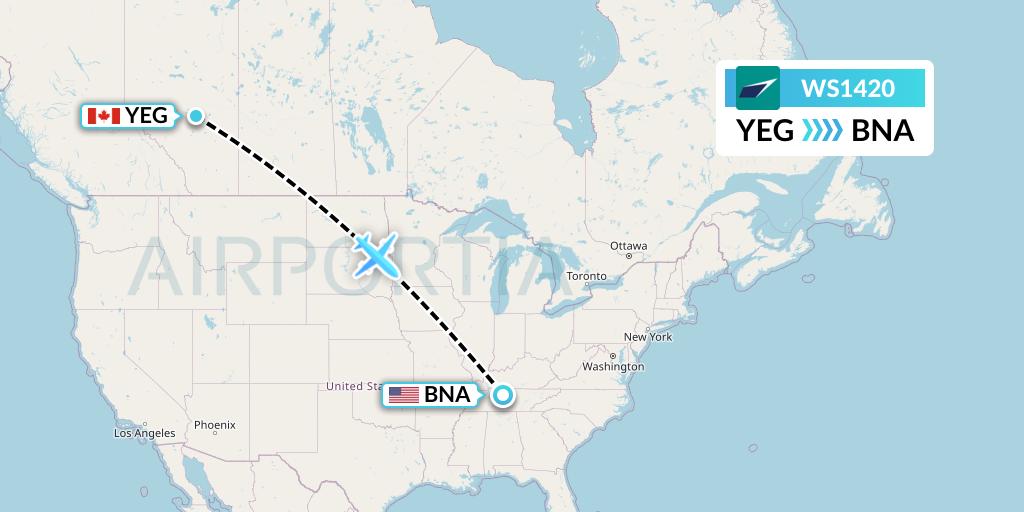 WS1420 WestJet Flight Map: Edmonton to Nashville