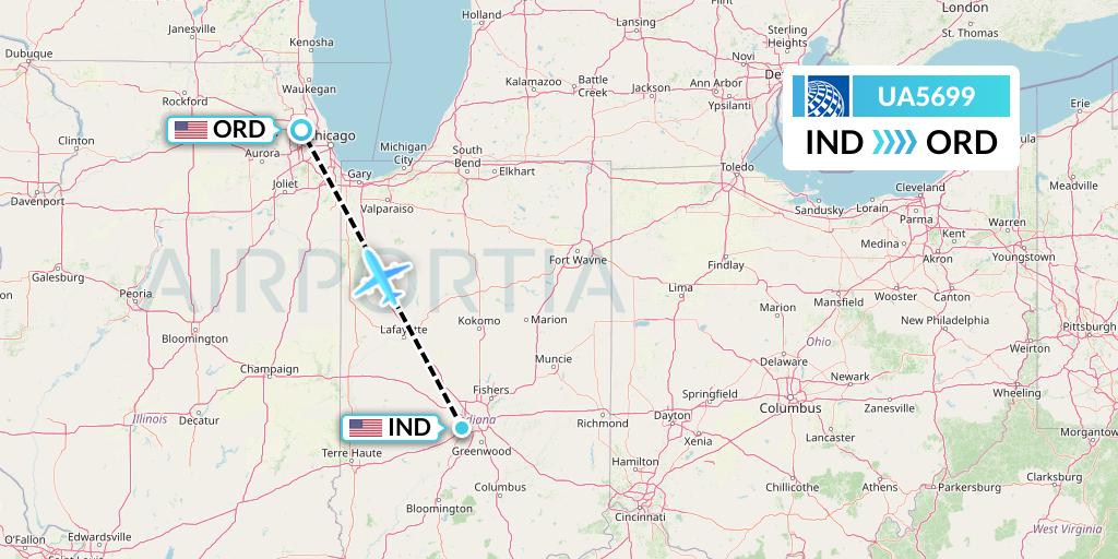 UA5699 United Airlines Flight Map: Indianapolis to Chicago