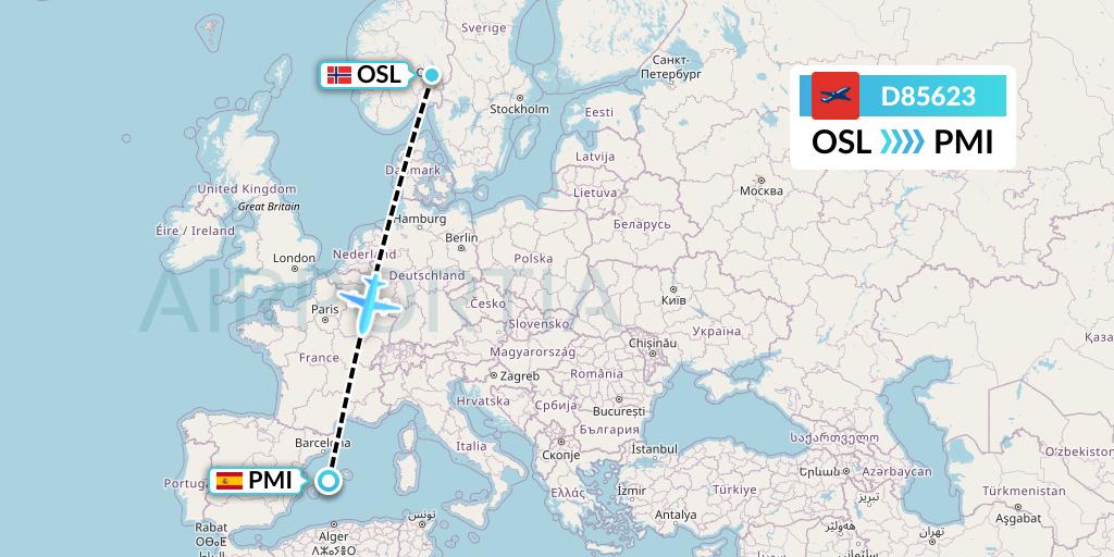 D85623 Norwegian Air International Flight Map: Oslo to Palma de Mallorca