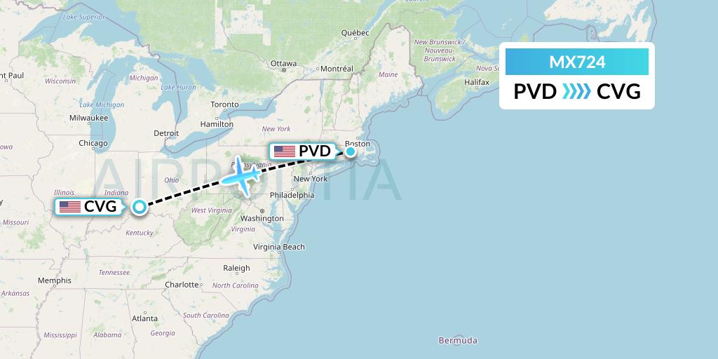 MX724 Breeze Airways Flight Map: Providence to Cincinnati
