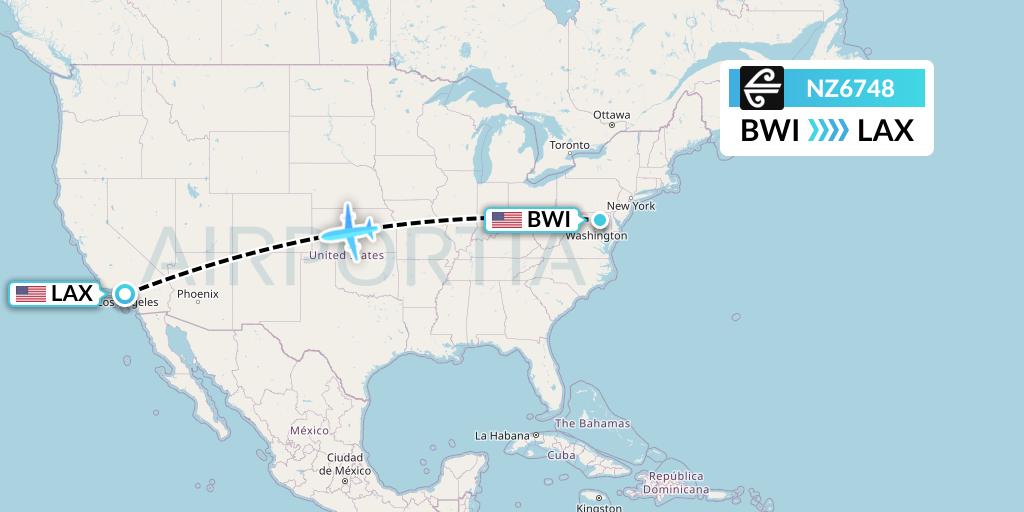 NZ6748 Air New Zealand Flight Map: Baltimore to Los Angeles