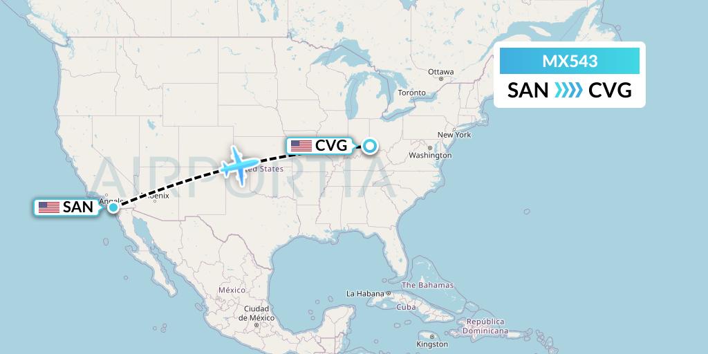 MX543 Breeze Airways Flight Map: San Diego to Cincinnati