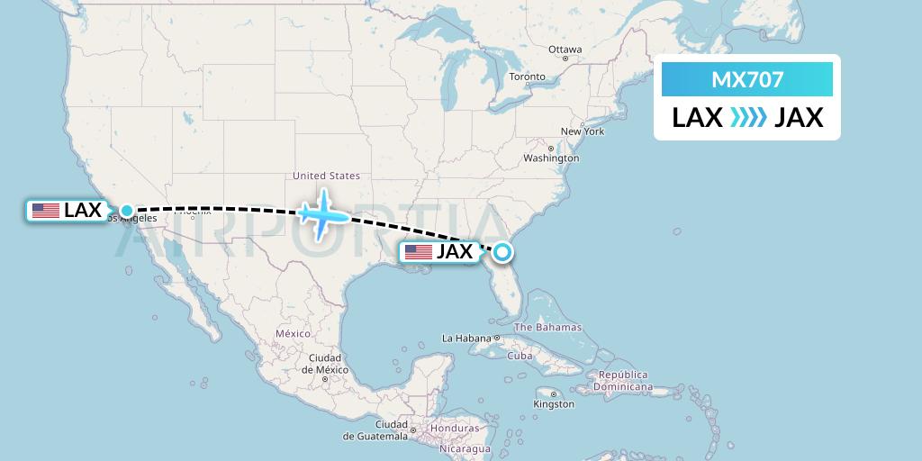 MX707 Breeze Airways Flight Map: Los Angeles to Jacksonville