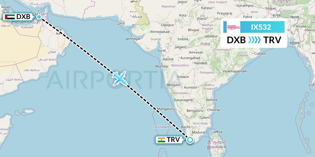 IX532 Air India Express Flight Map: Dubai to Thiruvananthapuram