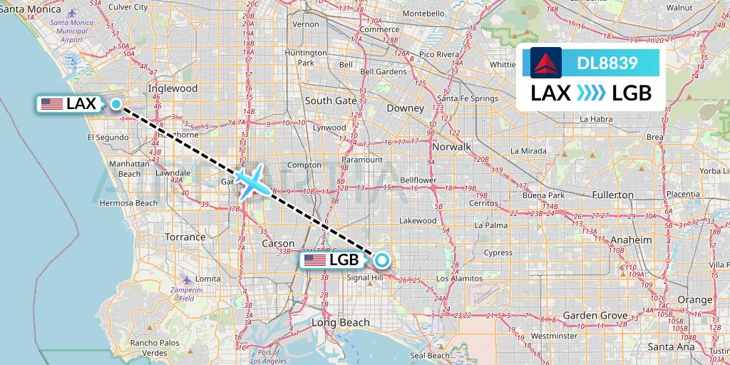 DL8839 Delta Air Lines Flight Map: Los Angeles to Long Beach