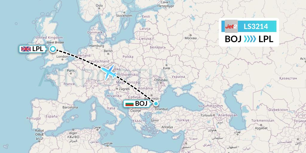LS3214 Jet2 Flight Map: Burgas to Liverpool