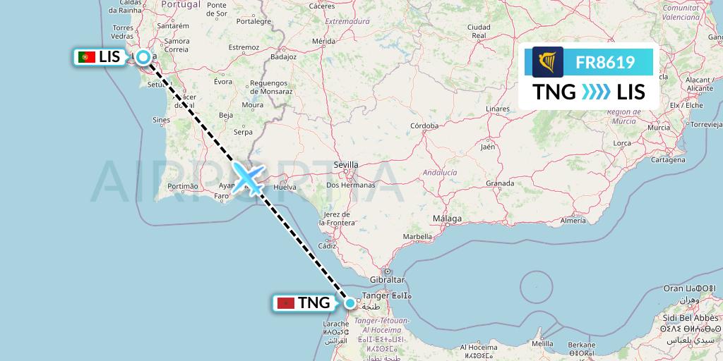 FR8619 Ryanair Flight Map: Tangier to Lisbon