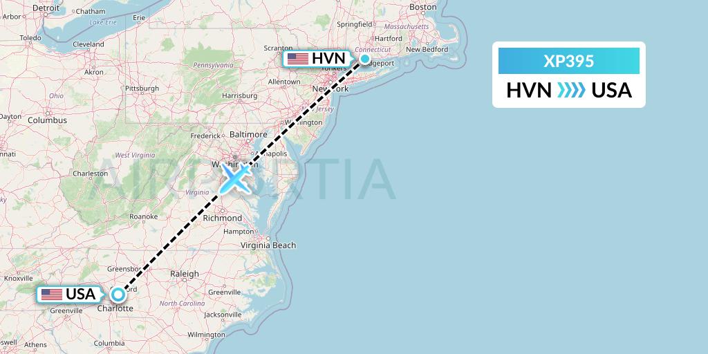 XP395 Avelo Airlines Flight Map: New Haven to Concord