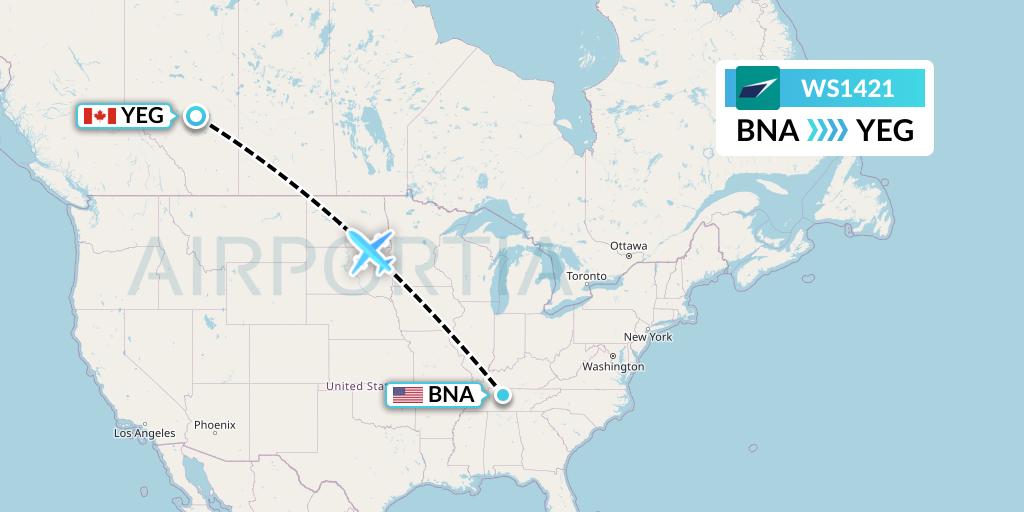 WS1421 WestJet Flight Map: Nashville to Edmonton