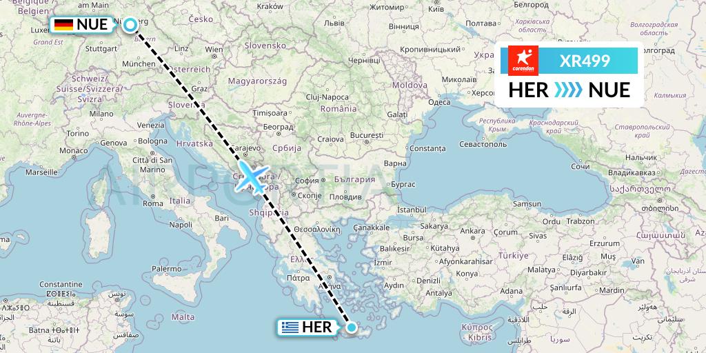 XR499 Corendon Airlines Europe Flight Map: Heraklion to Nurnberg