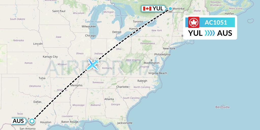 AC1051 Air Canada Flight Map: Montreal to Austin