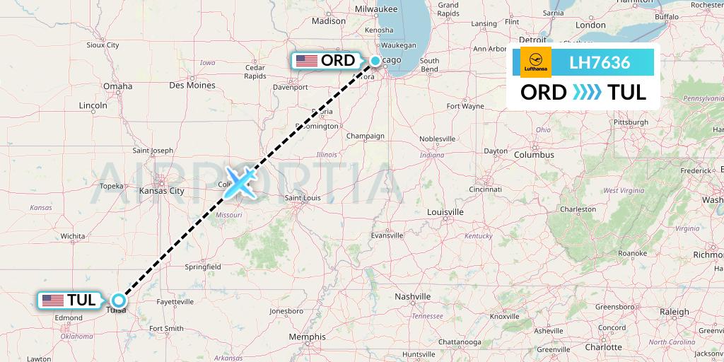 LH7636 Lufthansa Flight Map: Chicago to Tulsa