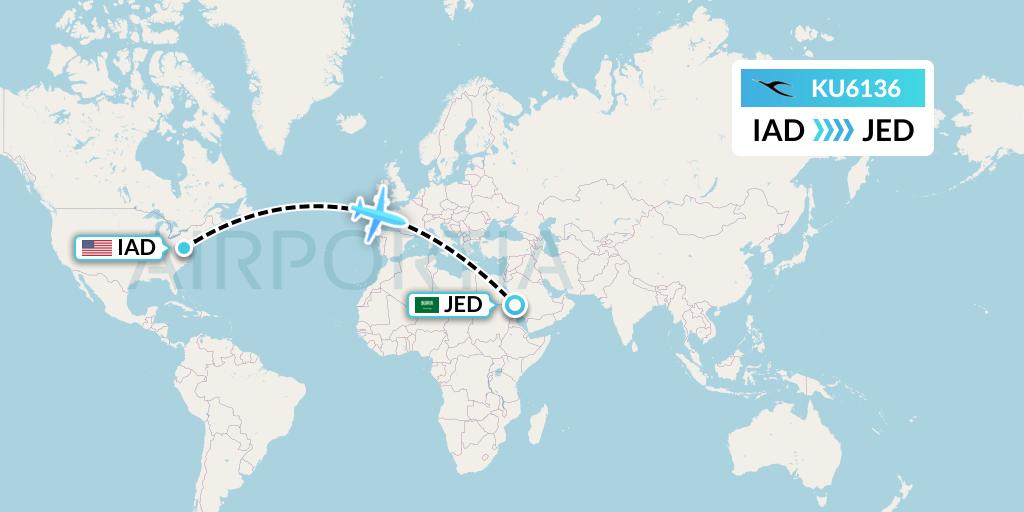 KU6136 Kuwait Airways Flight Map: Washington to Jeddah