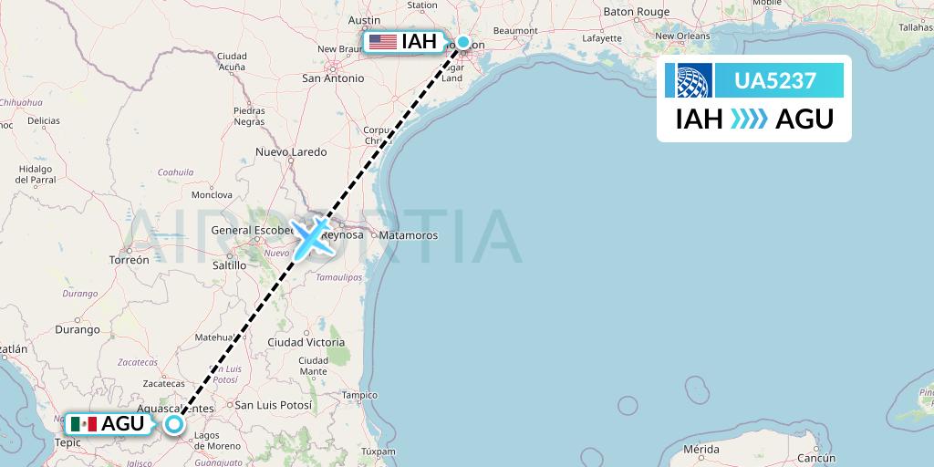 UA5237 United Airlines Flight Map: Houston to Aguascalientes