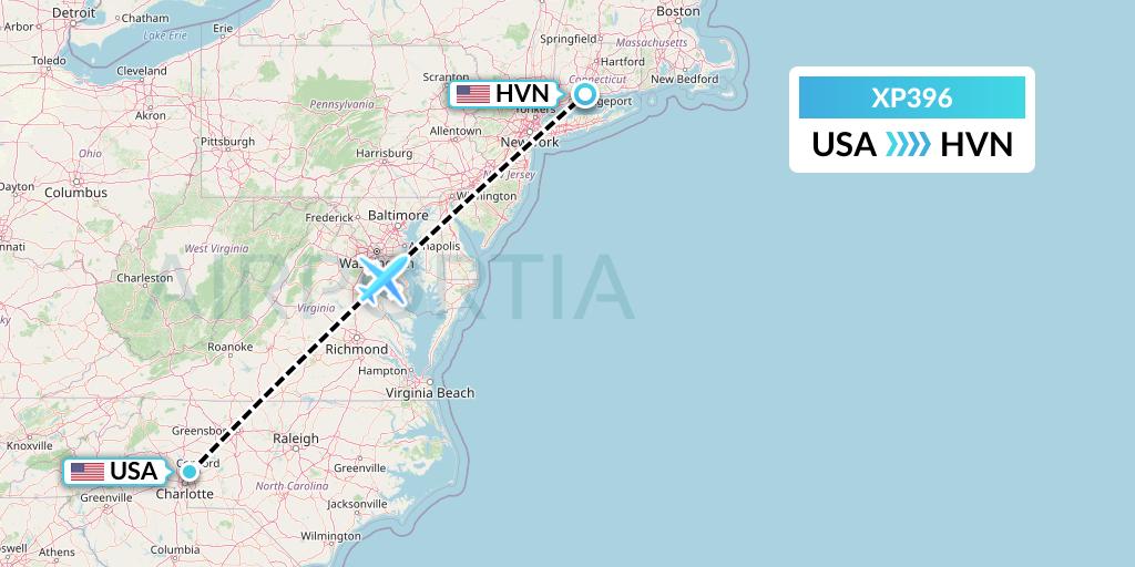 XP396 Avelo Airlines Flight Map: Concord to New Haven