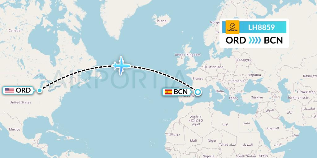 LH8859 Lufthansa Flight Map: Chicago to Barcelona