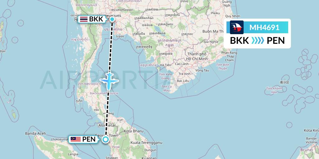 MH4691 Malaysia Airlines Flight Map: Bangkok to Penang