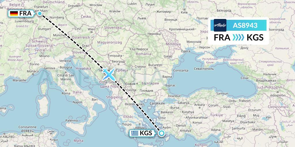 AS8943 Alaska Airlines Flight Map: Frankfurt to Kos