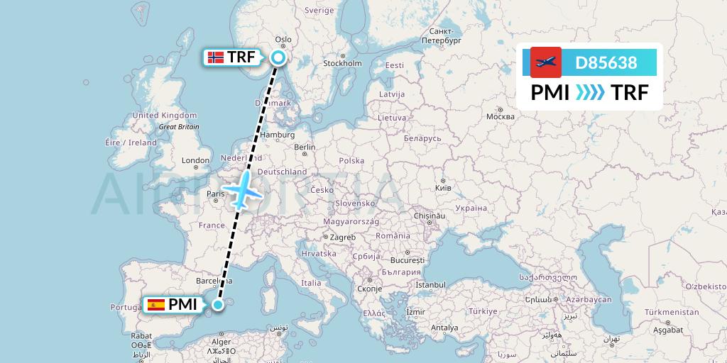 D85638 Norwegian Air International Flight Map: Palma de Mallorca to Oslo
