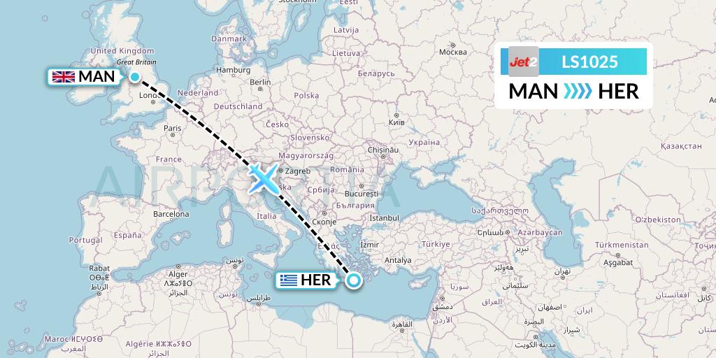 LS1025 Jet2 Flight Map: Manchester to Heraklion