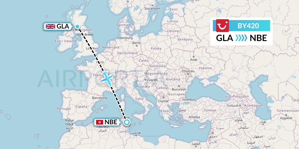 BY420 TUI Airways Flight Map: Glasgow to Enfidha