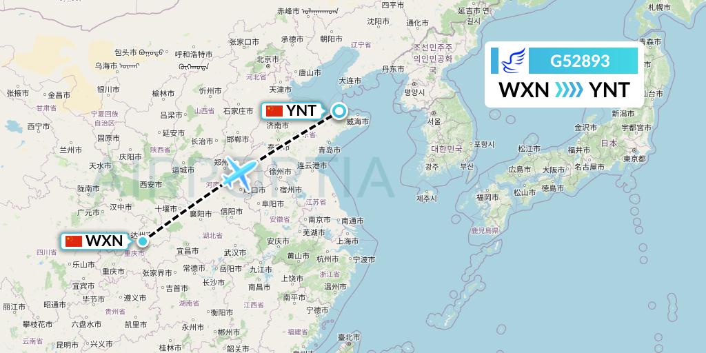 G52893 China Express Airlines Flight Map: Wanzhou to Yantai