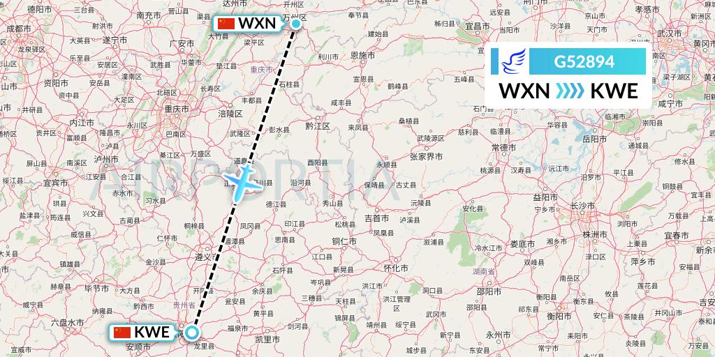 G52894 China Express Airlines Flight Map: Wanzhou to Guiyang