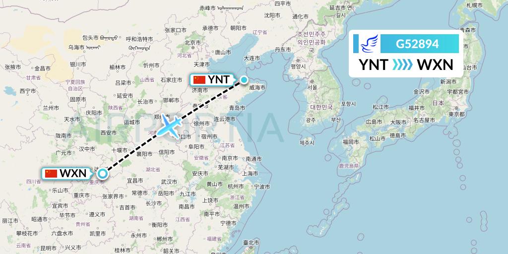 G52894 China Express Airlines Flight Map: Yantai to Wanzhou