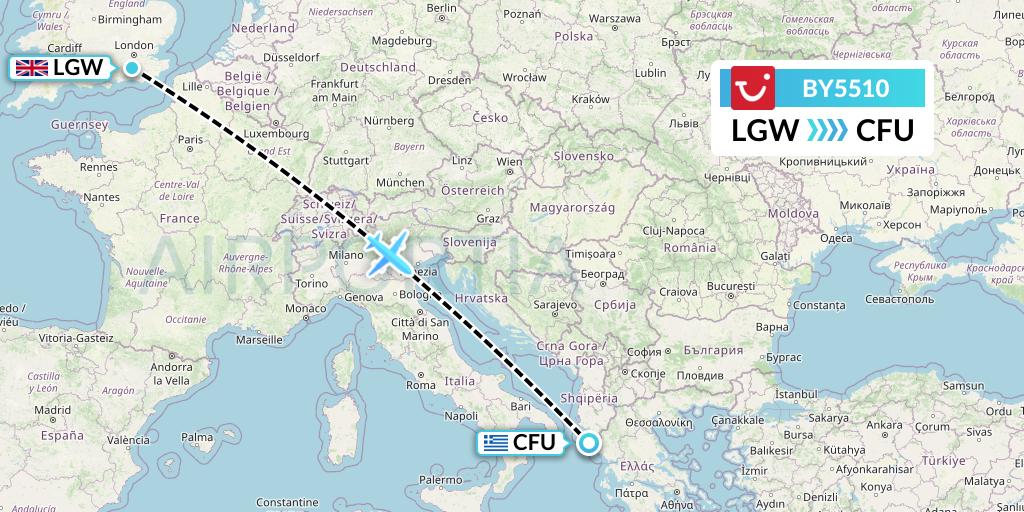 BY5510 TUI Airways Flight Map: London to Corfu