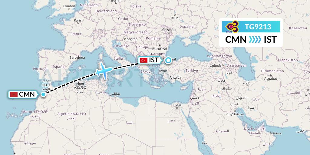 TG9213 Thai Airways Flight Map: Casablanca to Istanbul