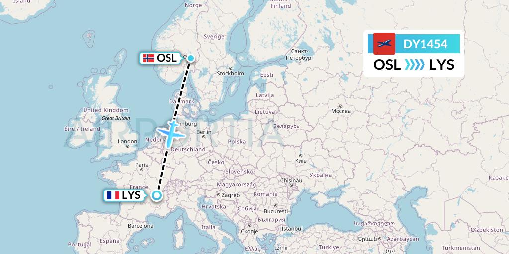 DY1454 Norwegian Flight Map: Oslo to Lyon
