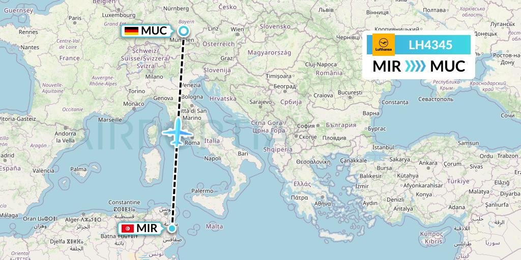LH4345 Lufthansa Flight Map: Monastir to Munich