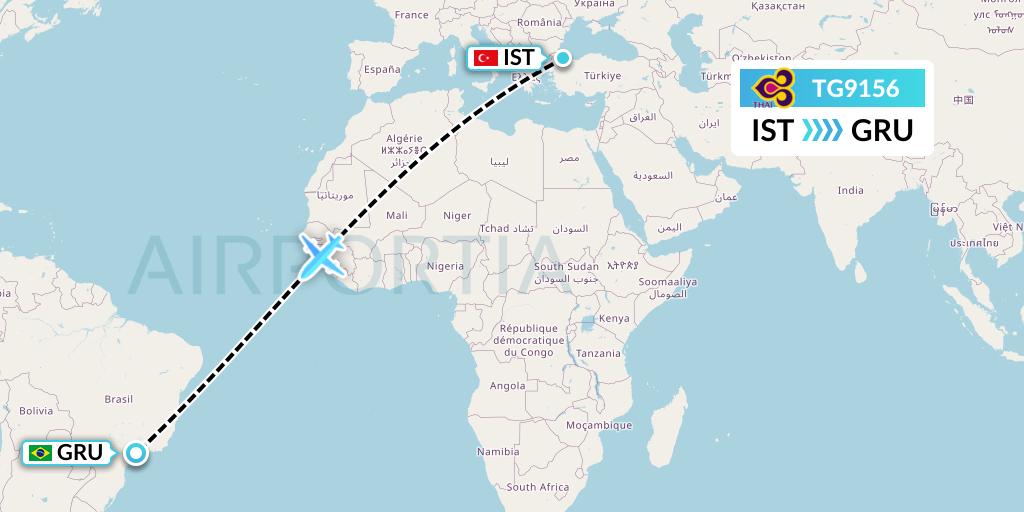 TG9156 Thai Airways Flight Map: Istanbul to Sao Paulo