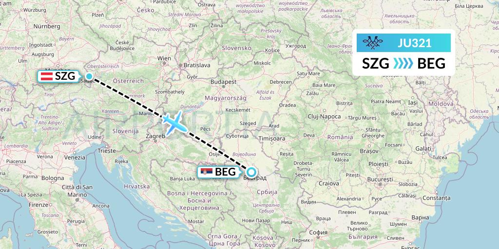 JU321 AirSERBIA Flight Map: Salzburg to Belgrade
