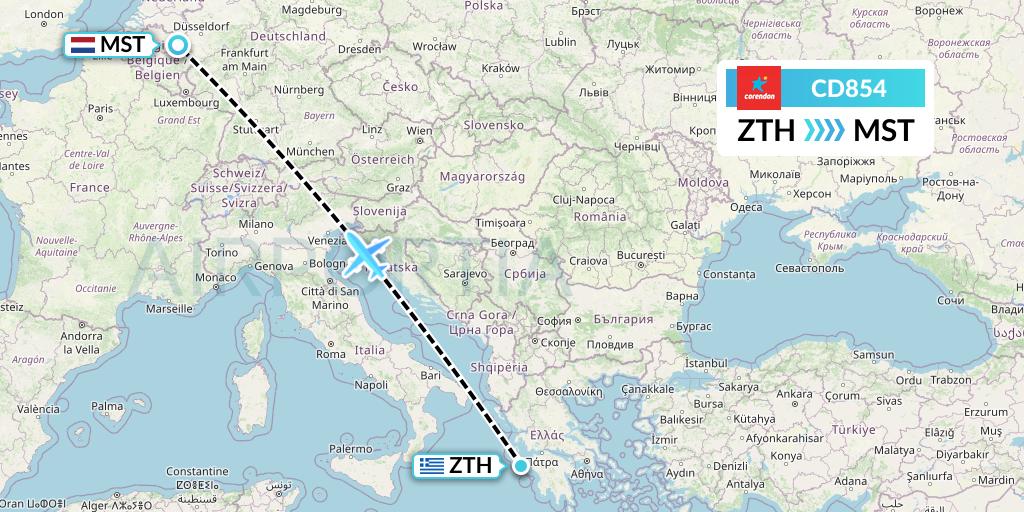 CD854 Dutch Corendon Airlines Flight Map: Zakynthos to Maastricht