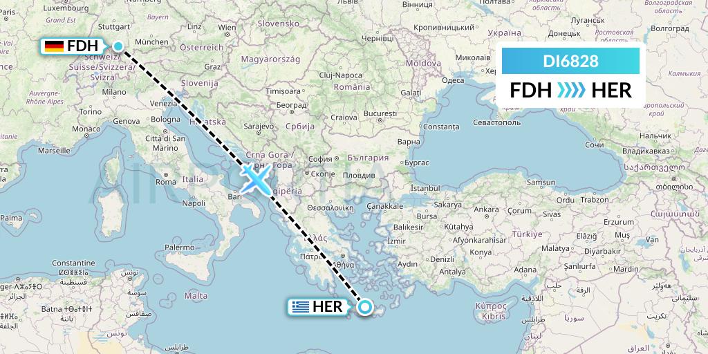 DI6828 Marabu Airlines Flight Map: Friedrichshafen to Heraklion