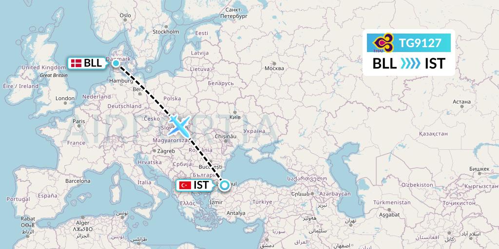 TG9127 Thai Airways Flight Map: Billund to Istanbul