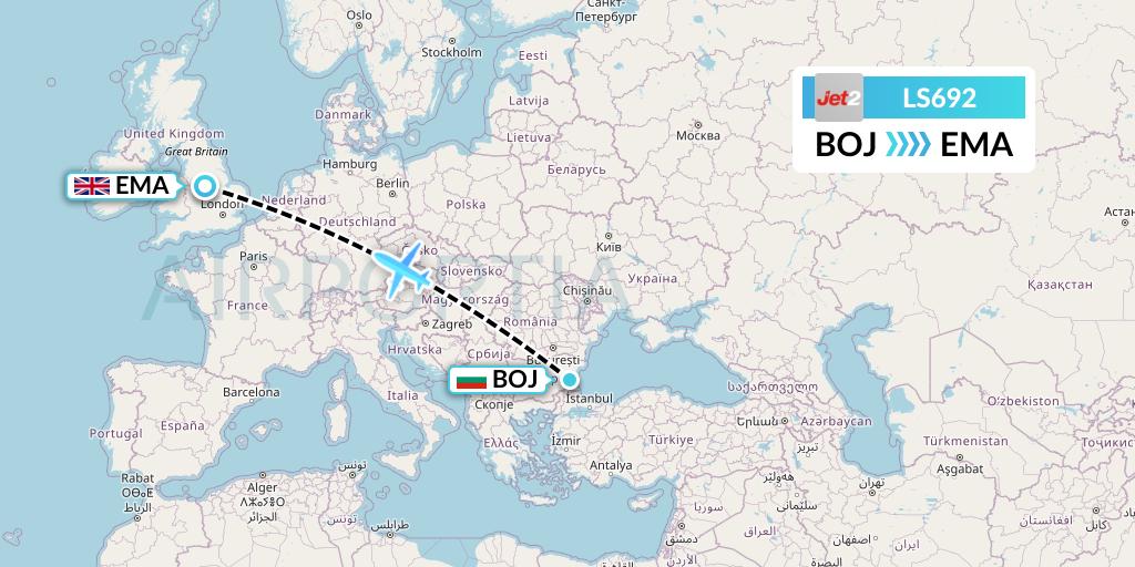 LS692 Jet2 Flight Map: Burgas to East Midlands