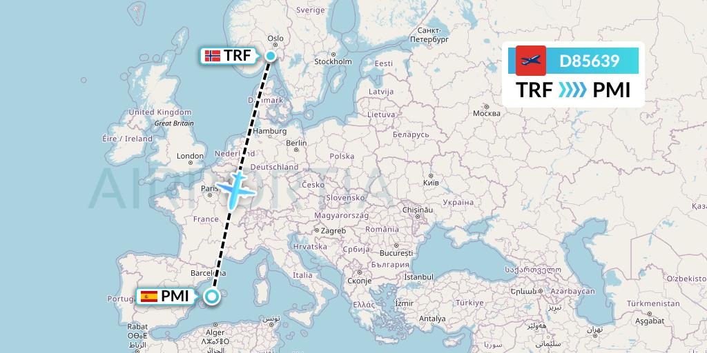 D85639 Norwegian Air International Flight Map: Oslo to Palma de Mallorca