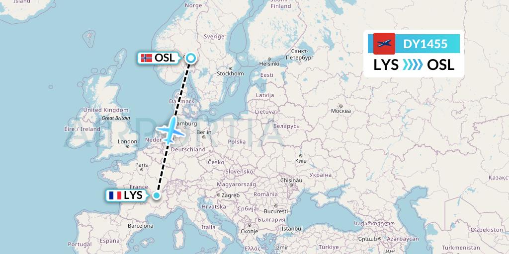 DY1455 Norwegian Flight Map: Lyon to Oslo