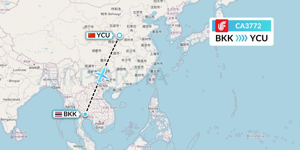 CA3772 Air China Flight Map: Bangkok to Yuncheng
