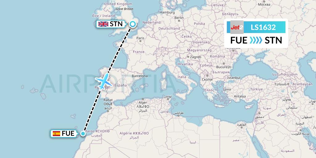 LS1632 Jet2 Flight Map: Fuerteventura to London