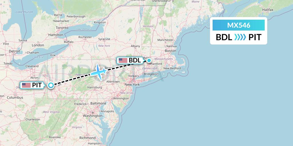 MX546 Breeze Airways Flight Map: Windsor Locks to Pittsburgh