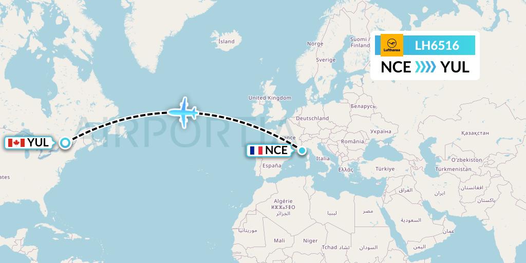 LH6516 Lufthansa Flight Map: Nice to Montreal