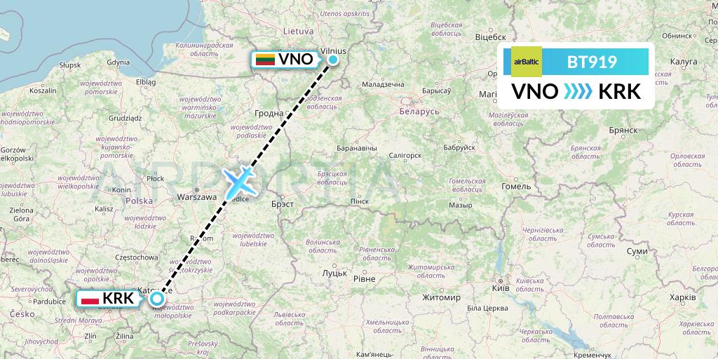 BT919 Air Baltic Flight Map: Vilnius to Krakow